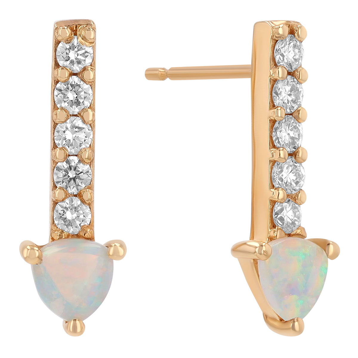 Trillion Cabochon Opal & Diamond Column Drop Earrings in Yellow Gold