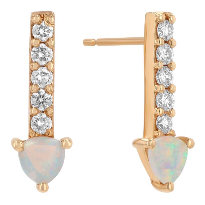 Trillion Cabochon Opal & Diamond Column Drop Earrings in Yellow Gold
