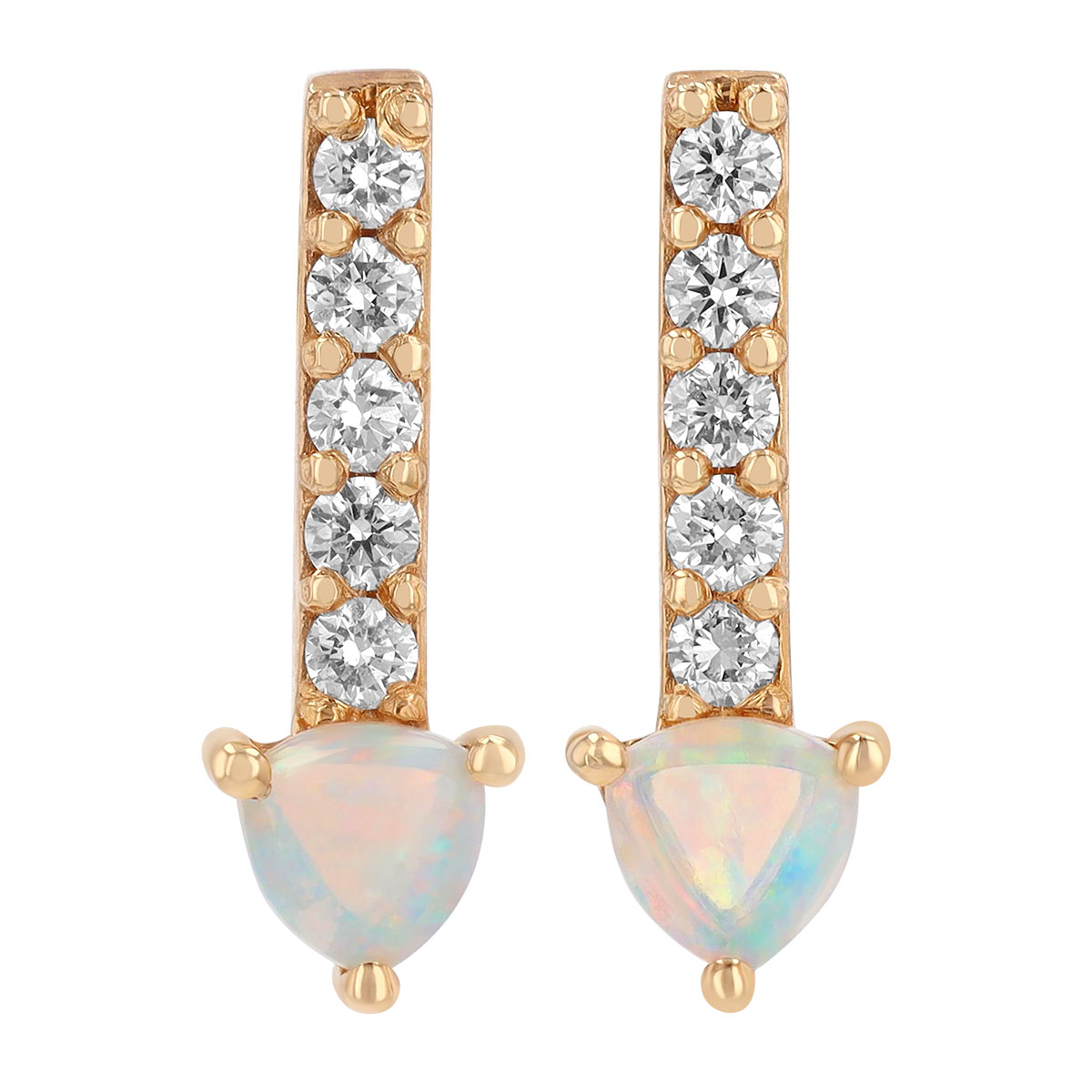 Trillion Cabochon Opal & Diamond Column Drop Earrings in Yellow Gold