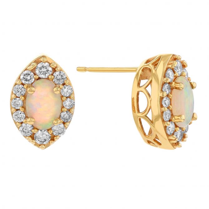 Oval Cabochon Opal & Diamond Halo Marquise Shaped Stud Earrings in Yellow Gold