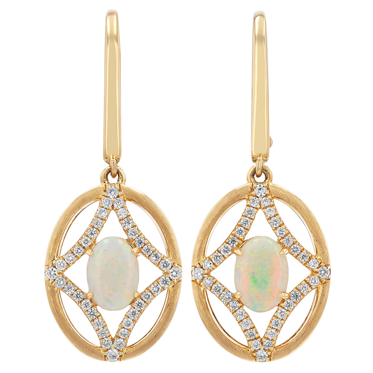 Oval Cabochon Opal & Diamond Oval Dangle Hoop Earrings in Yellow Gold