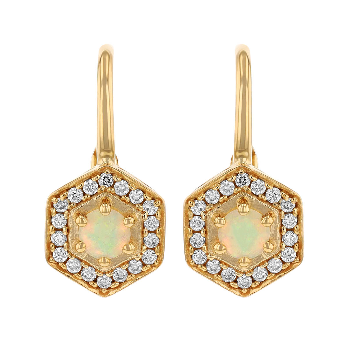 Round Cabochon Opal & Diamond Halo Hexagon Shaped Drop Earrings in Yellow Gold