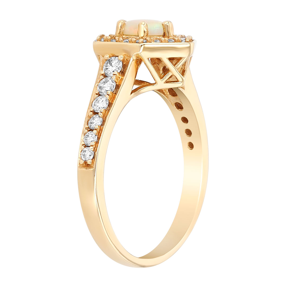 Round Cabochon Opal & Diamond Hexagon Halo Ring in Yellow Gold