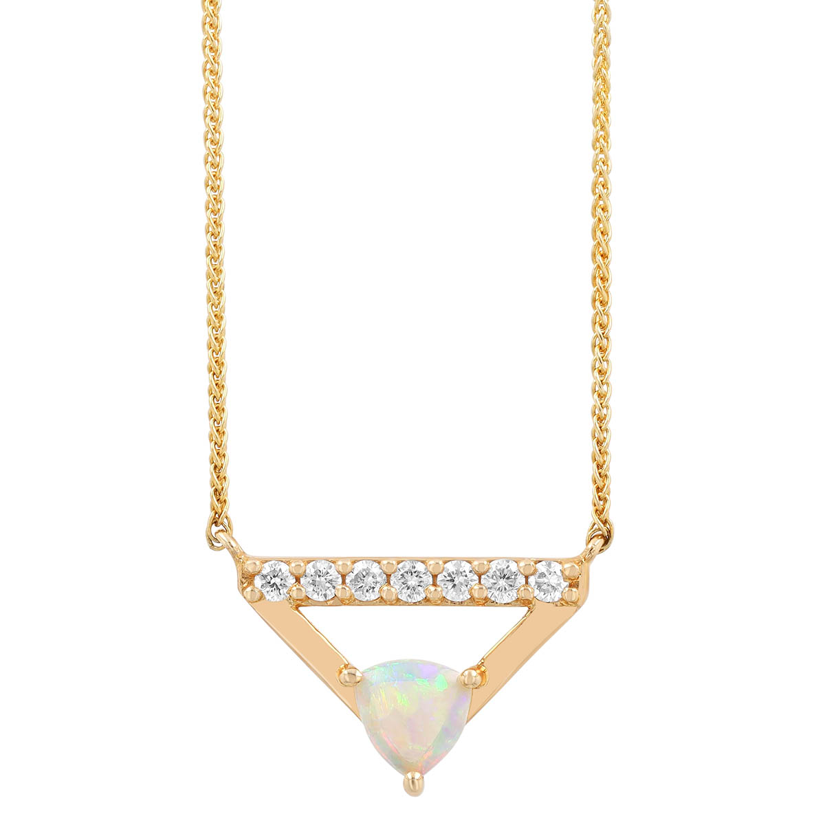 Opal & Diamond Open Triangle Necklace in Yellow Gold, 18