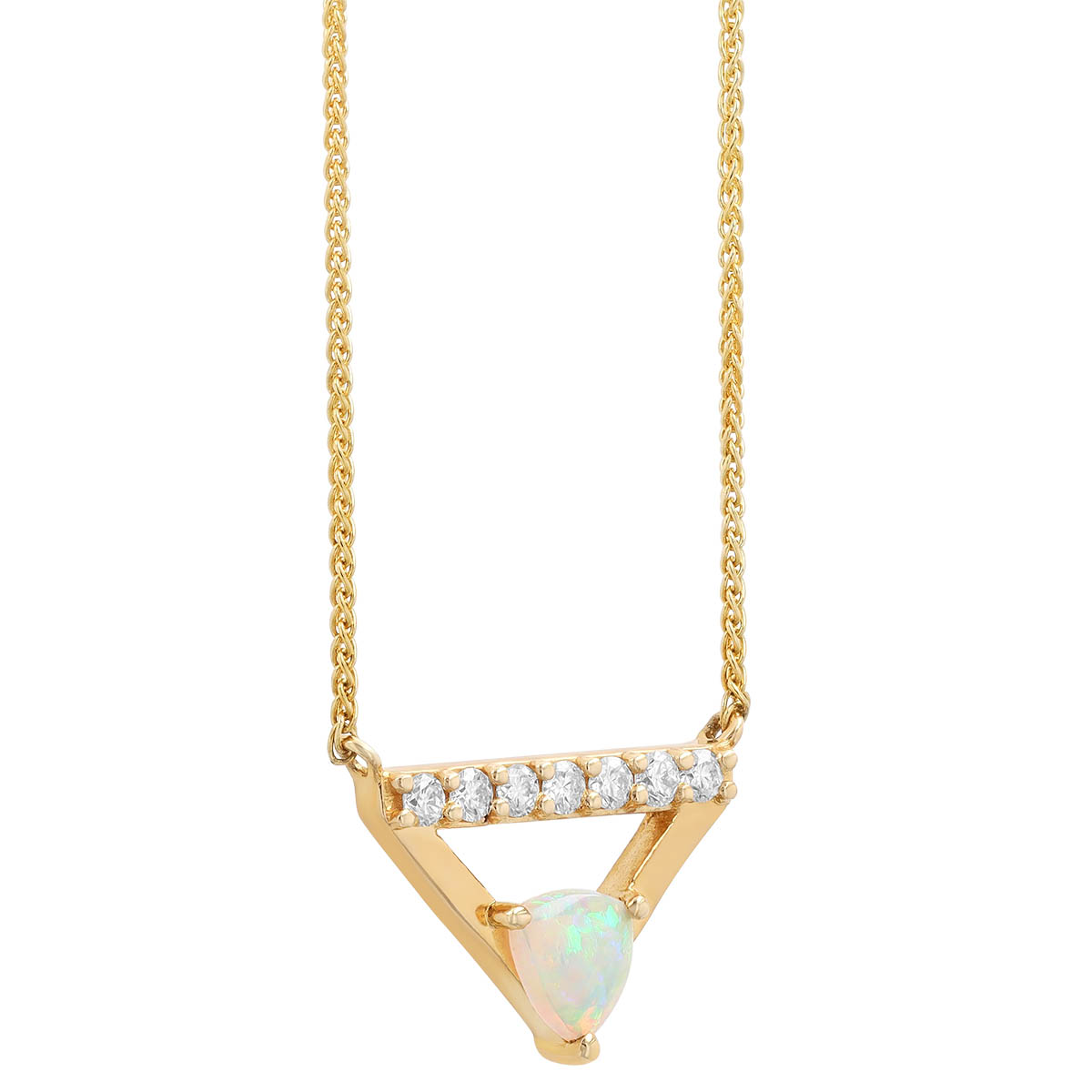 Opal & Diamond Open Triangle Necklace in Yellow Gold, 18