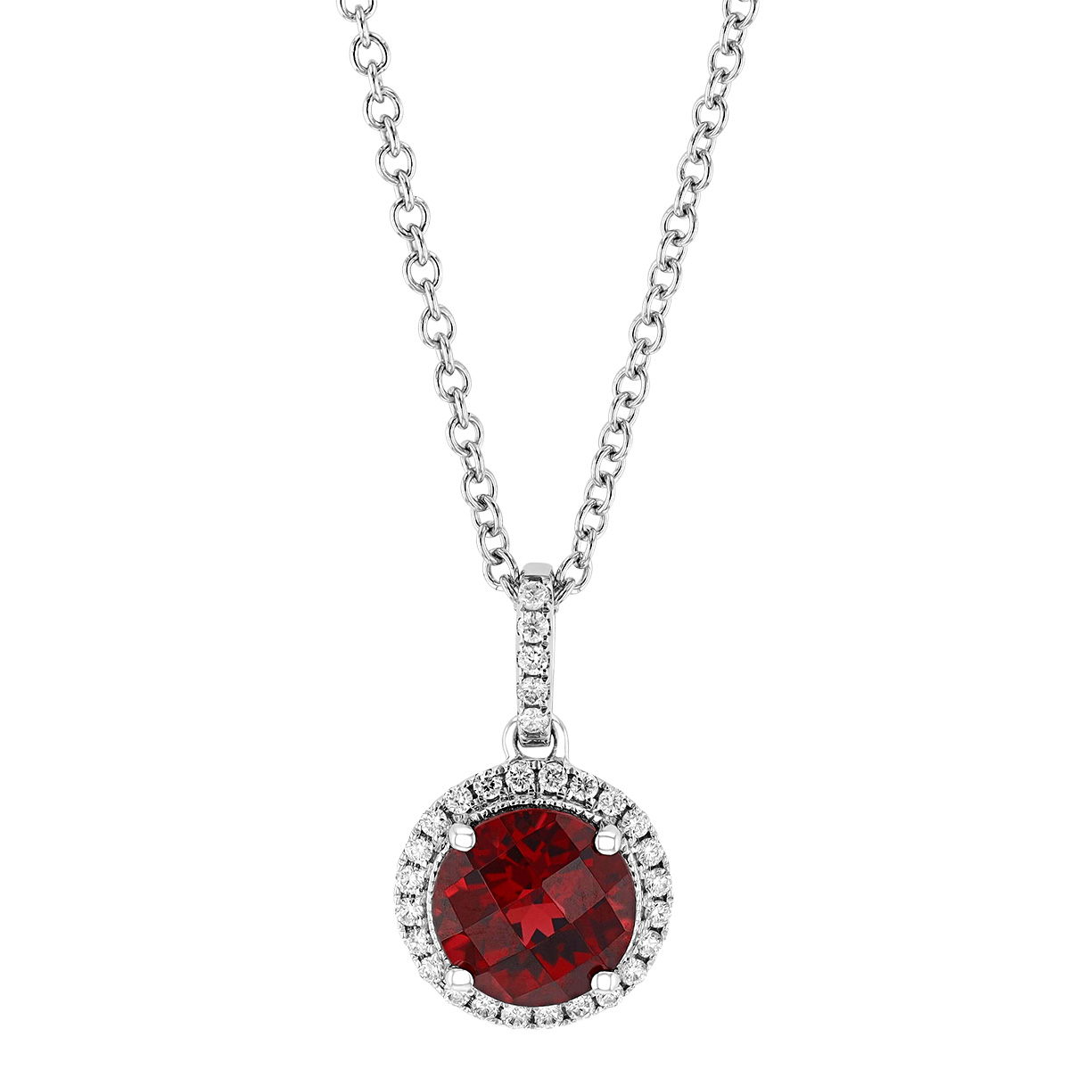 Round Checkerboard Garnet & Diamond Halo Pendant in White Gold, 18