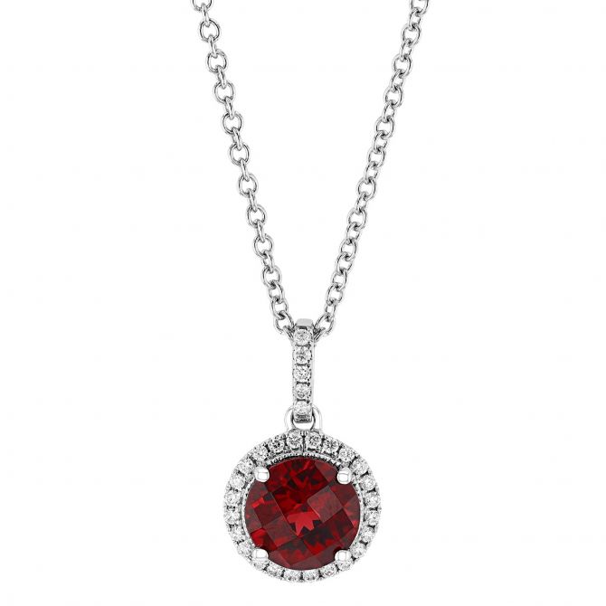 Round Checkerboard Garnet & Diamond Halo Pendant in White Gold, 18"