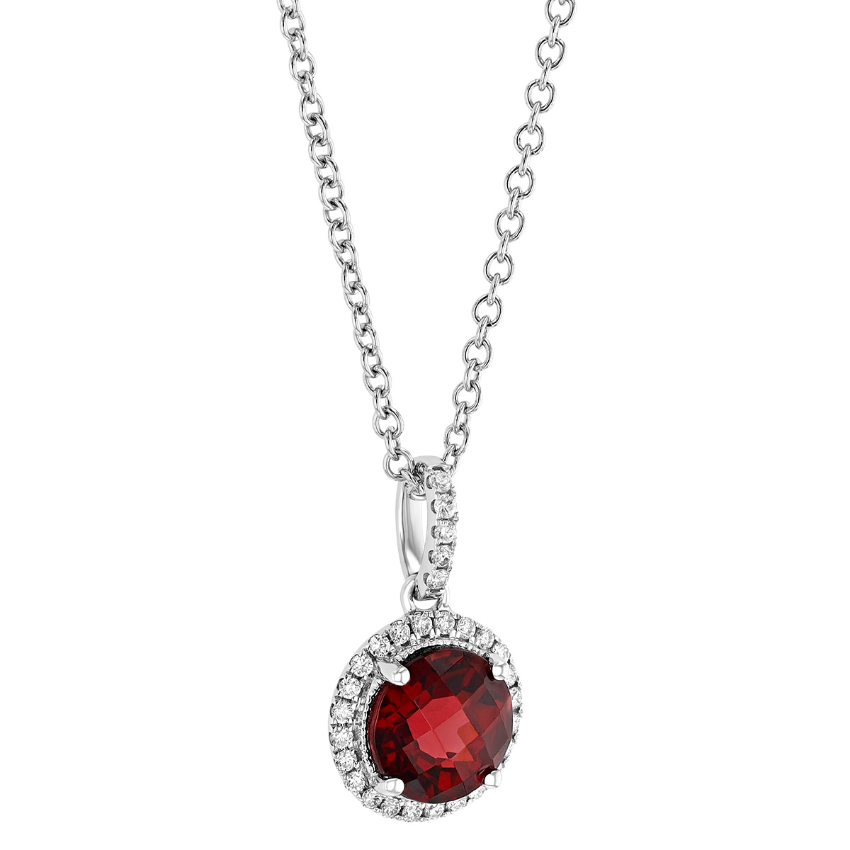 Round Checkerboard Garnet & Diamond Halo Pendant in White Gold, 18
