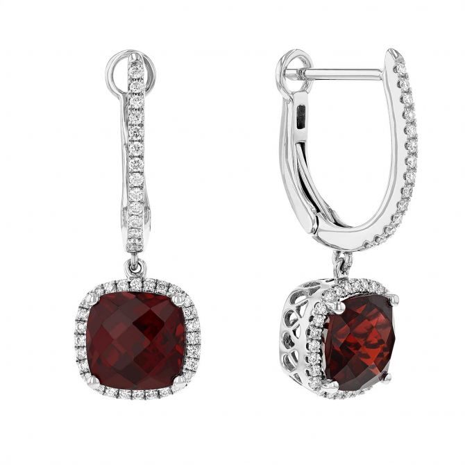 Cushion Garnet & Diamond Halo Drop Earrings in White Gold