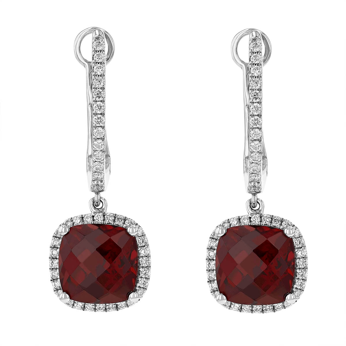 Cushion Garnet & Diamond Halo Drop Earrings in White Gold