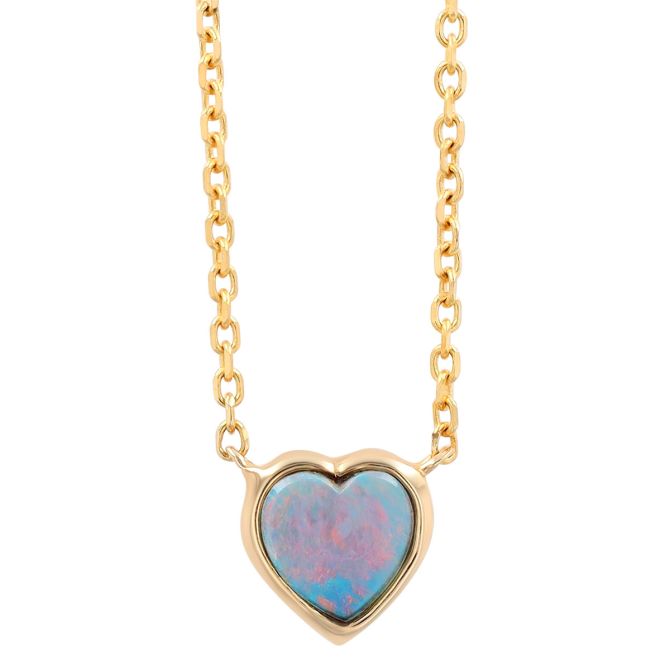 Opal Heart Bezel Set Necklace in Yellow Gold, 18"