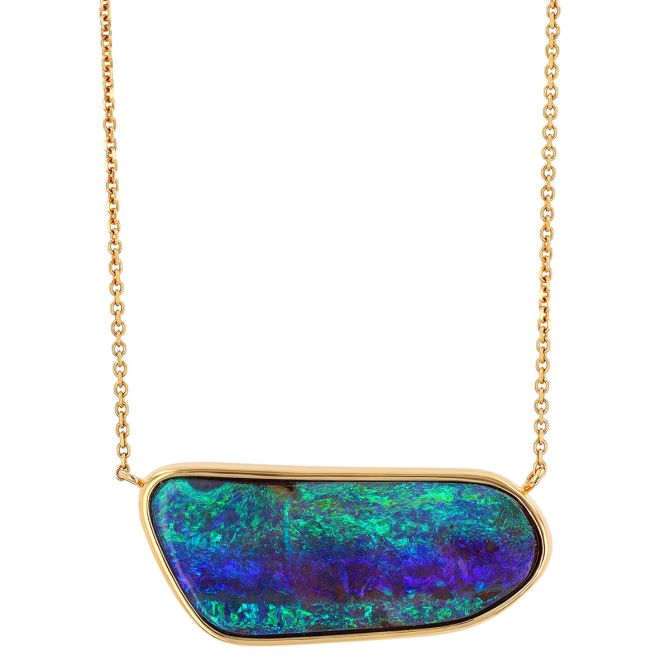 Bezel Set Freeform Boulder Opal Pendant in Yellow Gold, 18"