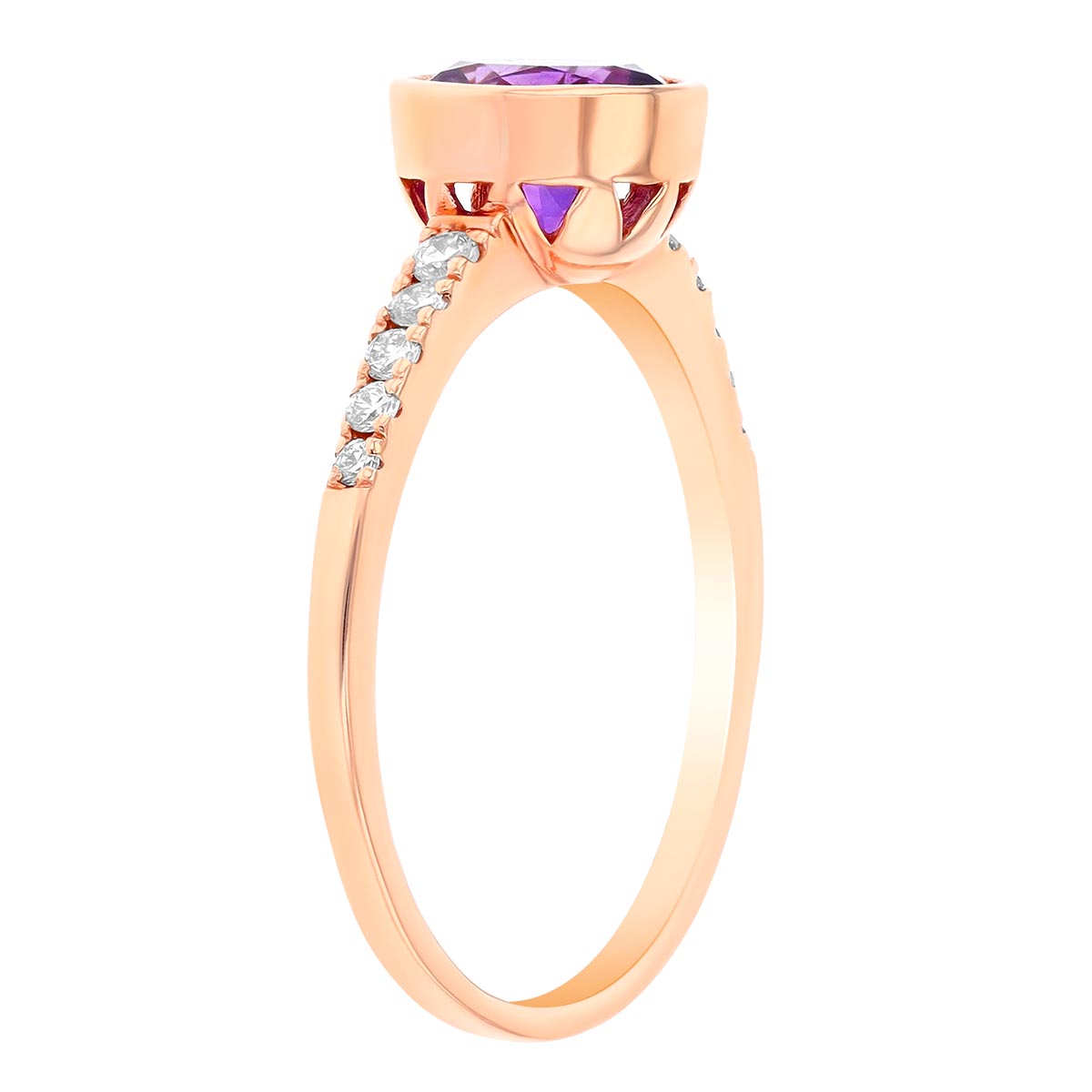 Round Amethyst & Diamond Bezel Set Ring in Rose Gold