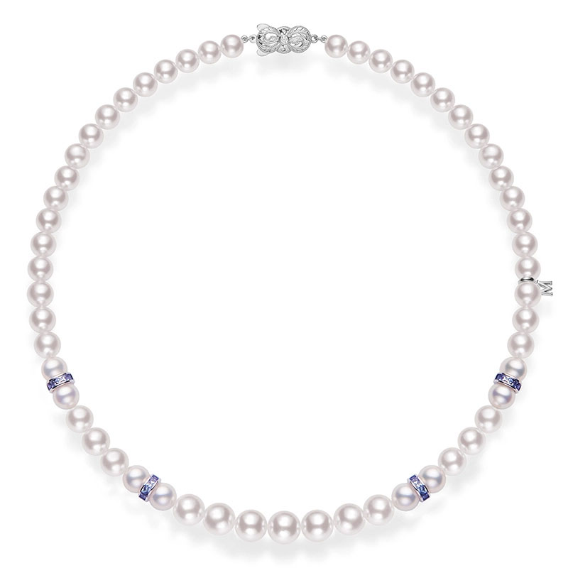 Mikimoto Ocean Akoya Cultured Pearl & Sapphire Rondel Graduated Strand Necklace in White Gold, 18