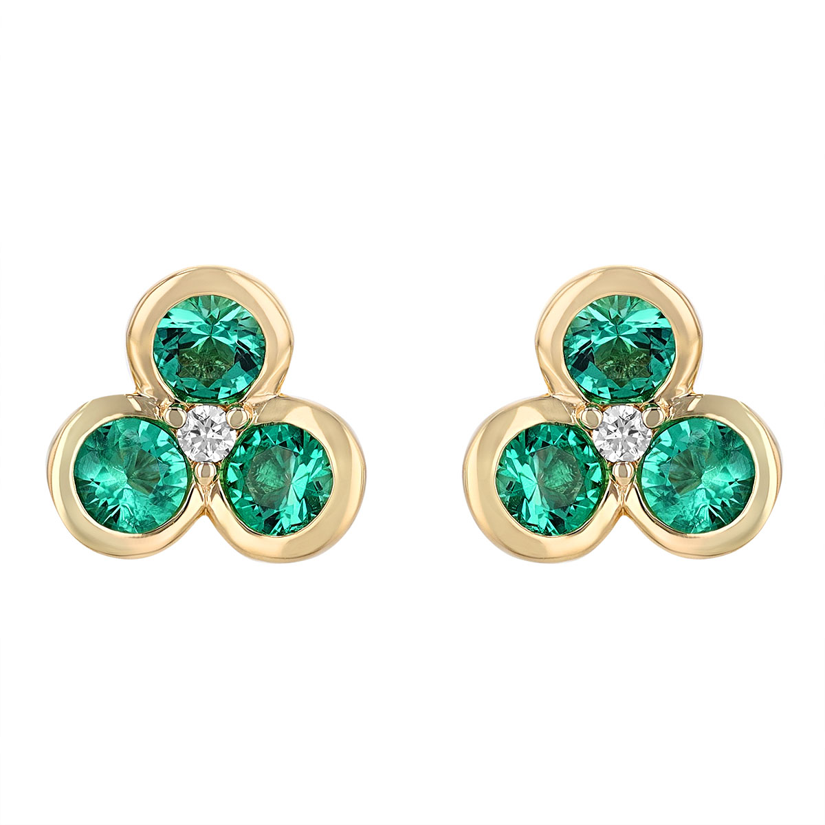 Emerald Petal Trio & Diamond Center Stud Earrings in Yellow Gold