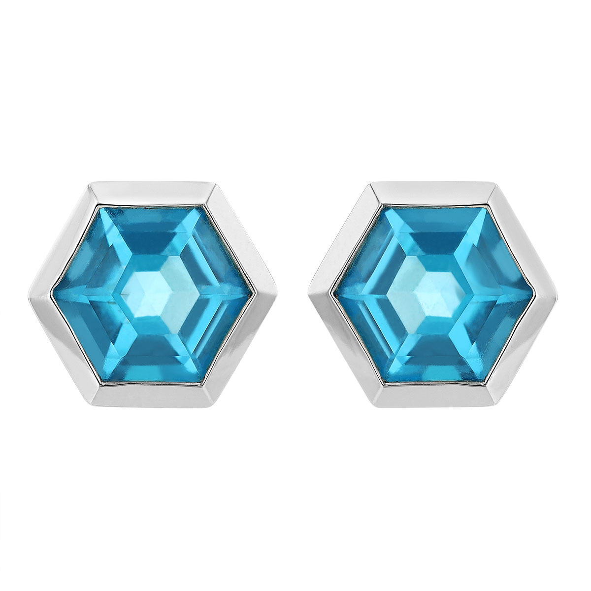 Hexagon Topaz Bezel Set Stud Earrings in White Gold