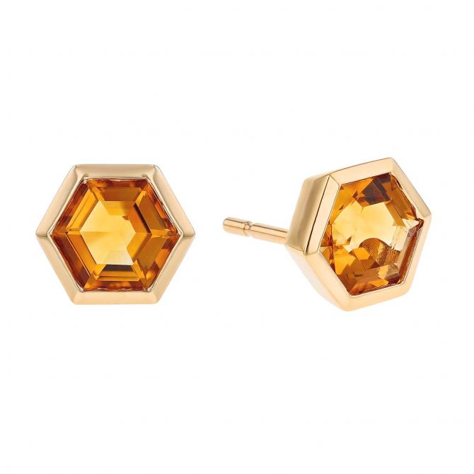 Hexagon Citrine Bezel Set Stud Earrings in Yellow Gold