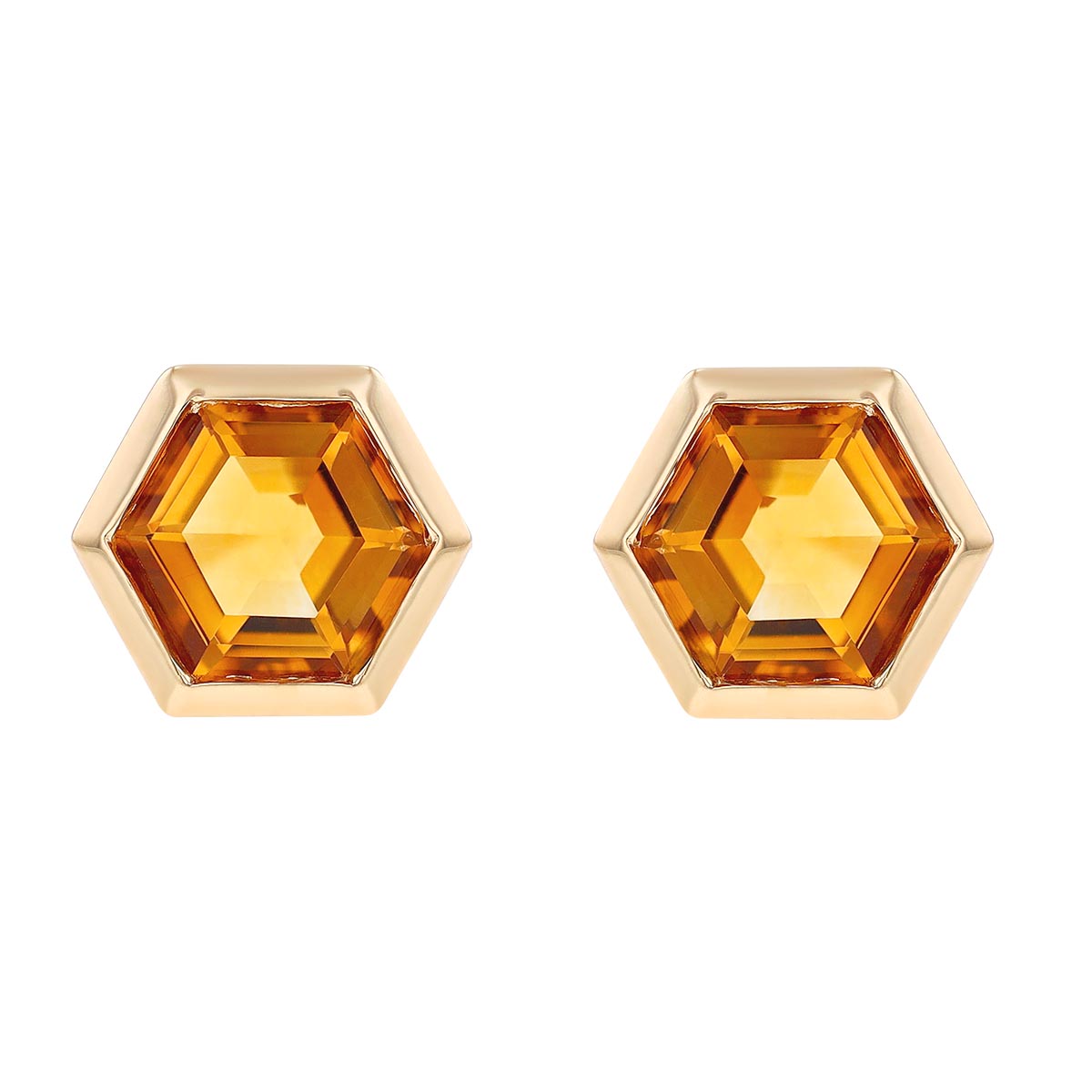 Hexagon Citrine Bezel Set Stud Earrings in Yellow Gold