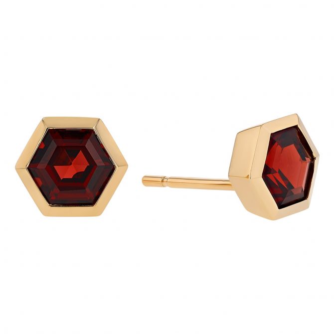 Hexagon Garnet Bezel Set Stud Earrings in Yellow Gold