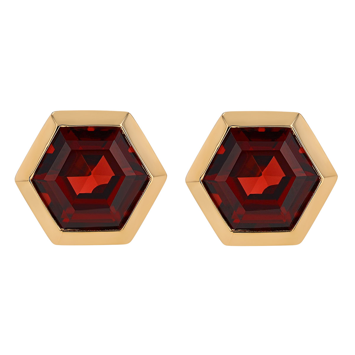 Hexagon Garnet Bezel Set Stud Earrings in Yellow Gold