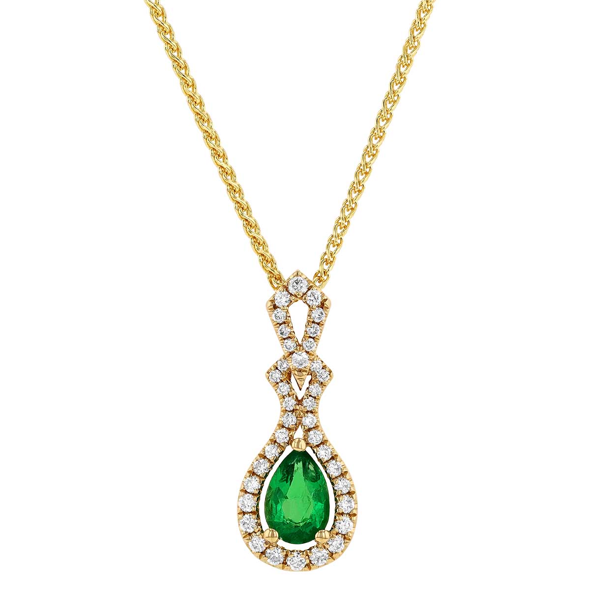 Pear Shaped Emerald & Diamond Embellished Halo Pendant in Yellow Gold, 18