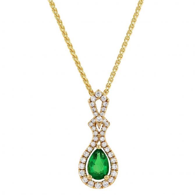 Pear Shaped Emerald & Diamond Embellished Halo Pendant in Yellow Gold, 18"