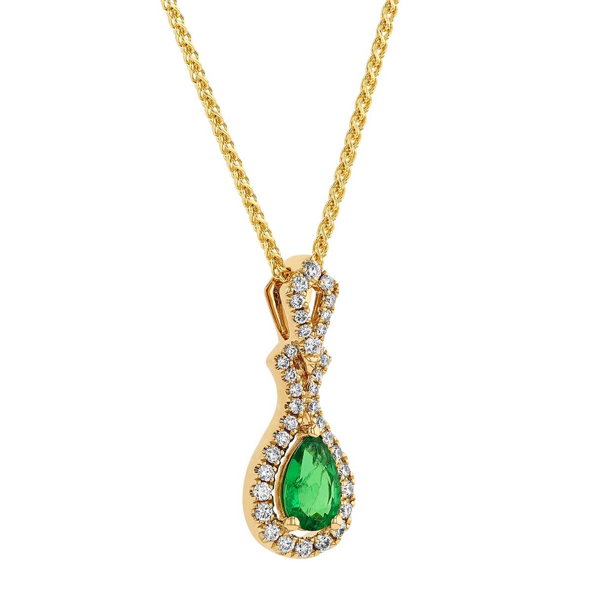 Pear Shaped Emerald & Diamond Embellished Halo Pendant in Yellow Gold, 18