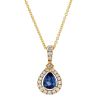 Pear Shaped Sapphire & Diamond Open Halo Pendant in Yellow Gold, 18"