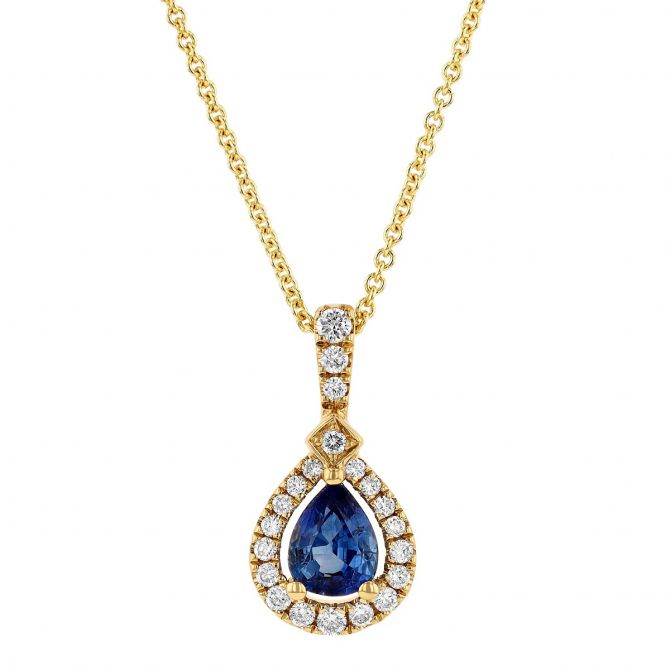 Pear Shaped Sapphire & Diamond Open Halo Pendant in Yellow Gold, 18"