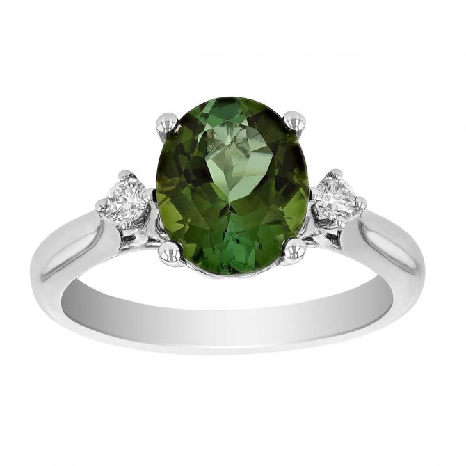 Oval Tourmaline & Diamond 3 Stone Ring in White Gold