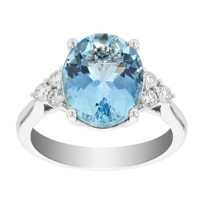 Oval Aquamarine & Diamond Side Stone Trio Ring in White Gold