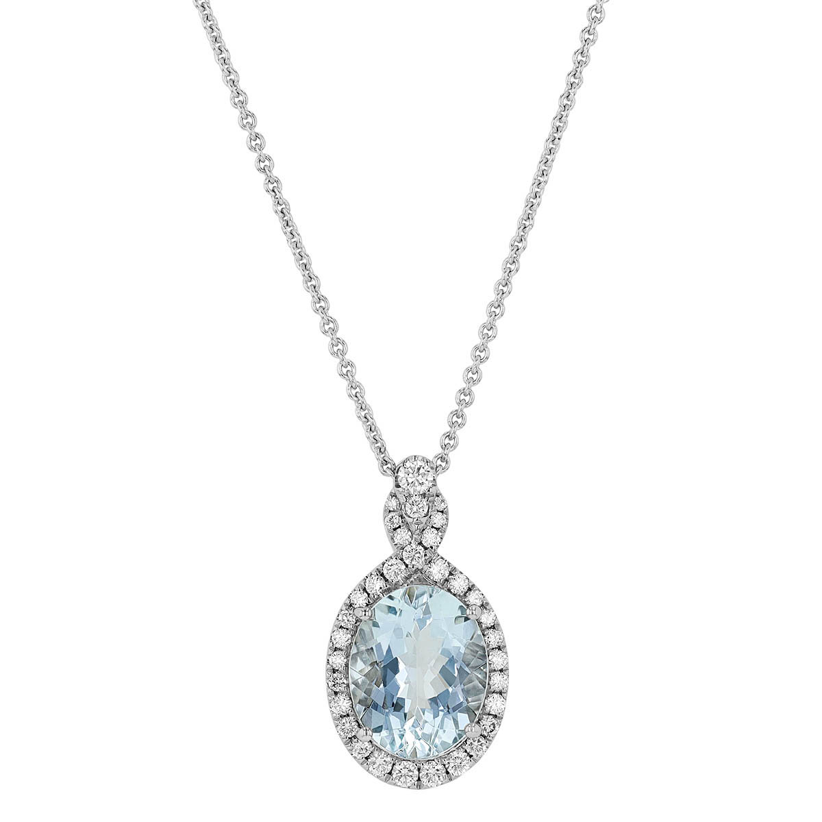Oval Aquamarine & Diamond Halo with Embellished Bail Pendant in White Gold, 18