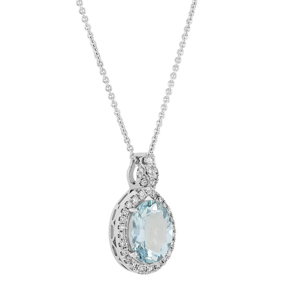 Oval Aquamarine & Diamond Halo with Embellished Bail Pendant in White Gold, 18