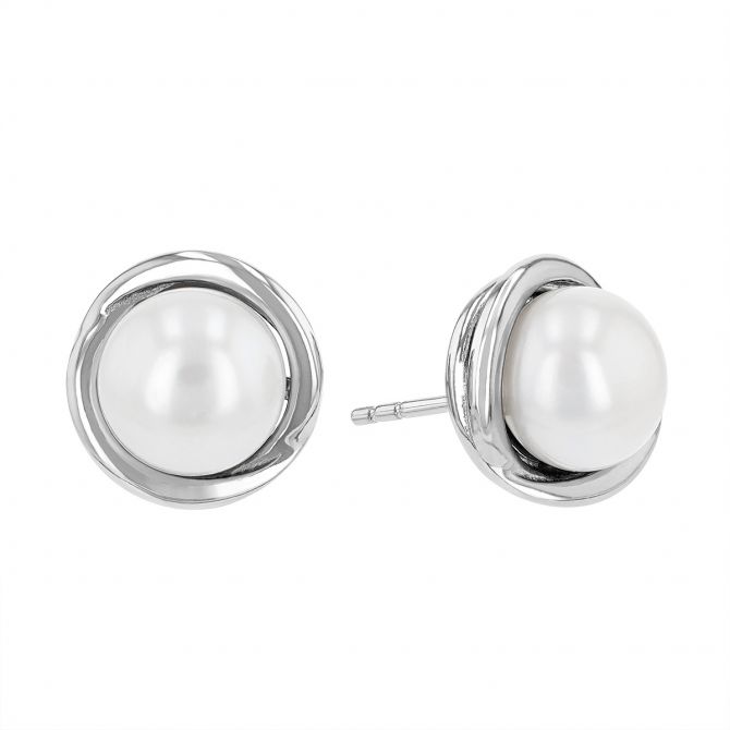 White Cultured Pearl Swirl Bezel Set Stud Earrings in Sterling Silver