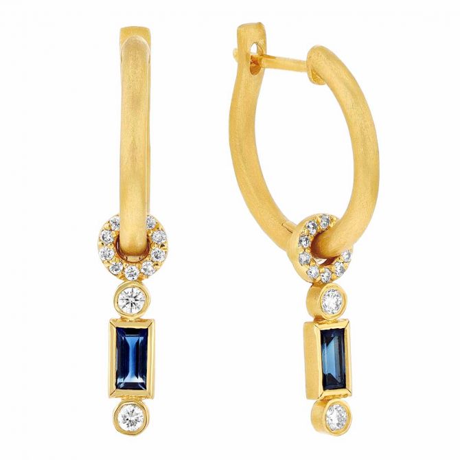 Marika Straight Baguette Sapphire & Diamond Dangle Charm Hoop Earrings in Yellow Gold