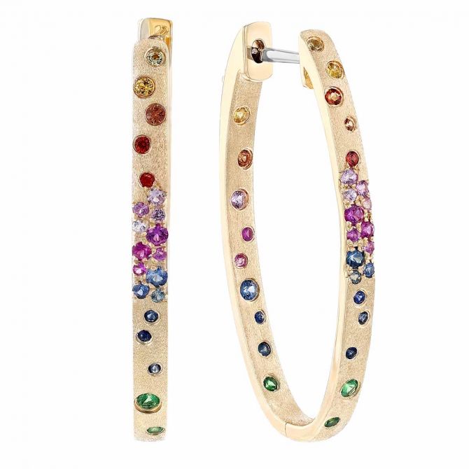Sapphire, Ruby, & Tsavorite Garnet Scattered Inside Out Hoop Earrings in Yellow Gold