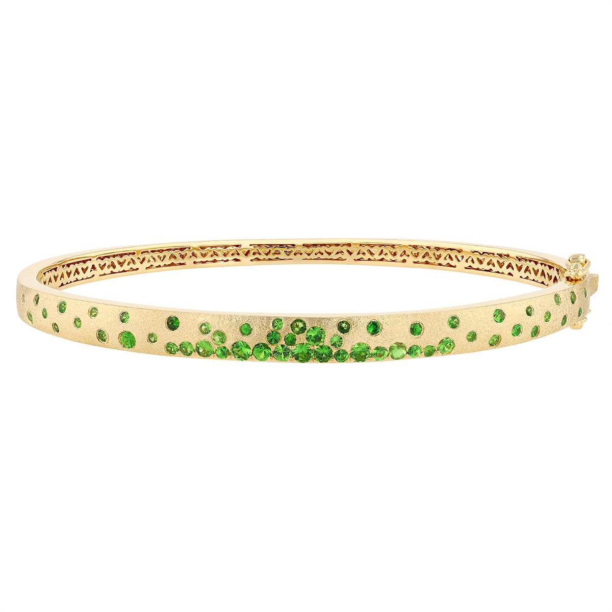 Scattered Tsavorite Garnet Hinged Bangle Bracelet in Yellow Gold