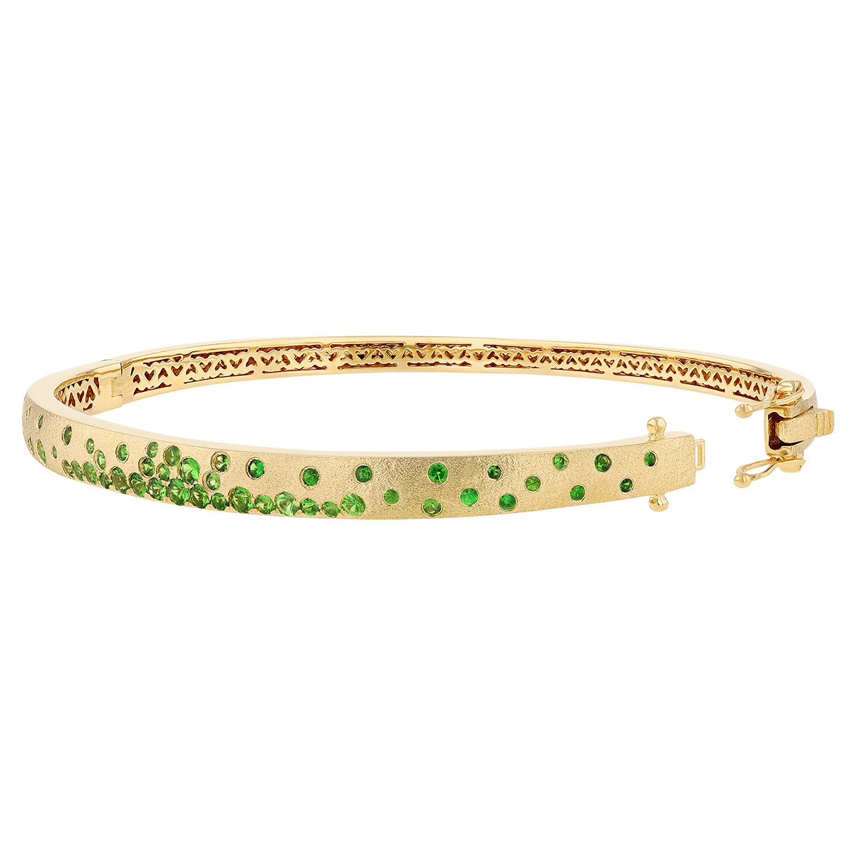 Scattered Tsavorite Garnet Hinged Bangle Bracelet in Yellow Gold