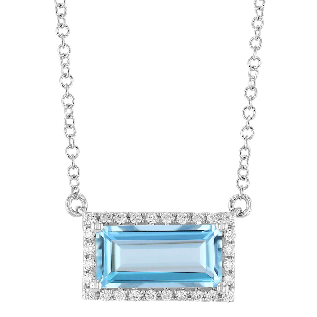 Aquamarine Baguette & Diamond Halo Necklace in White Gold, 18
