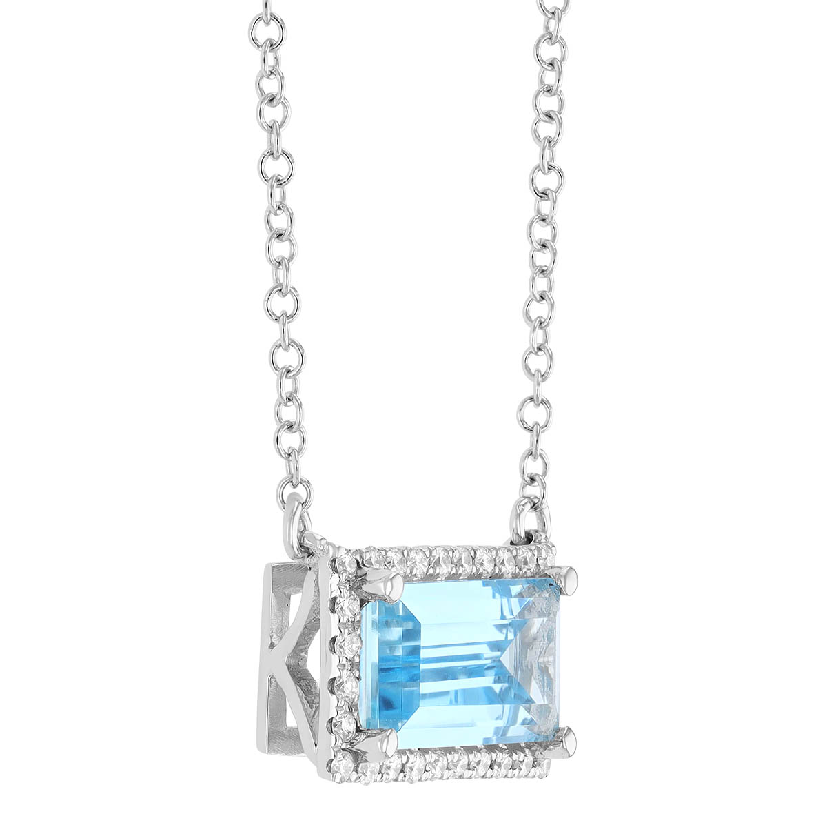 Aquamarine Baguette & Diamond Halo Necklace in White Gold, 18