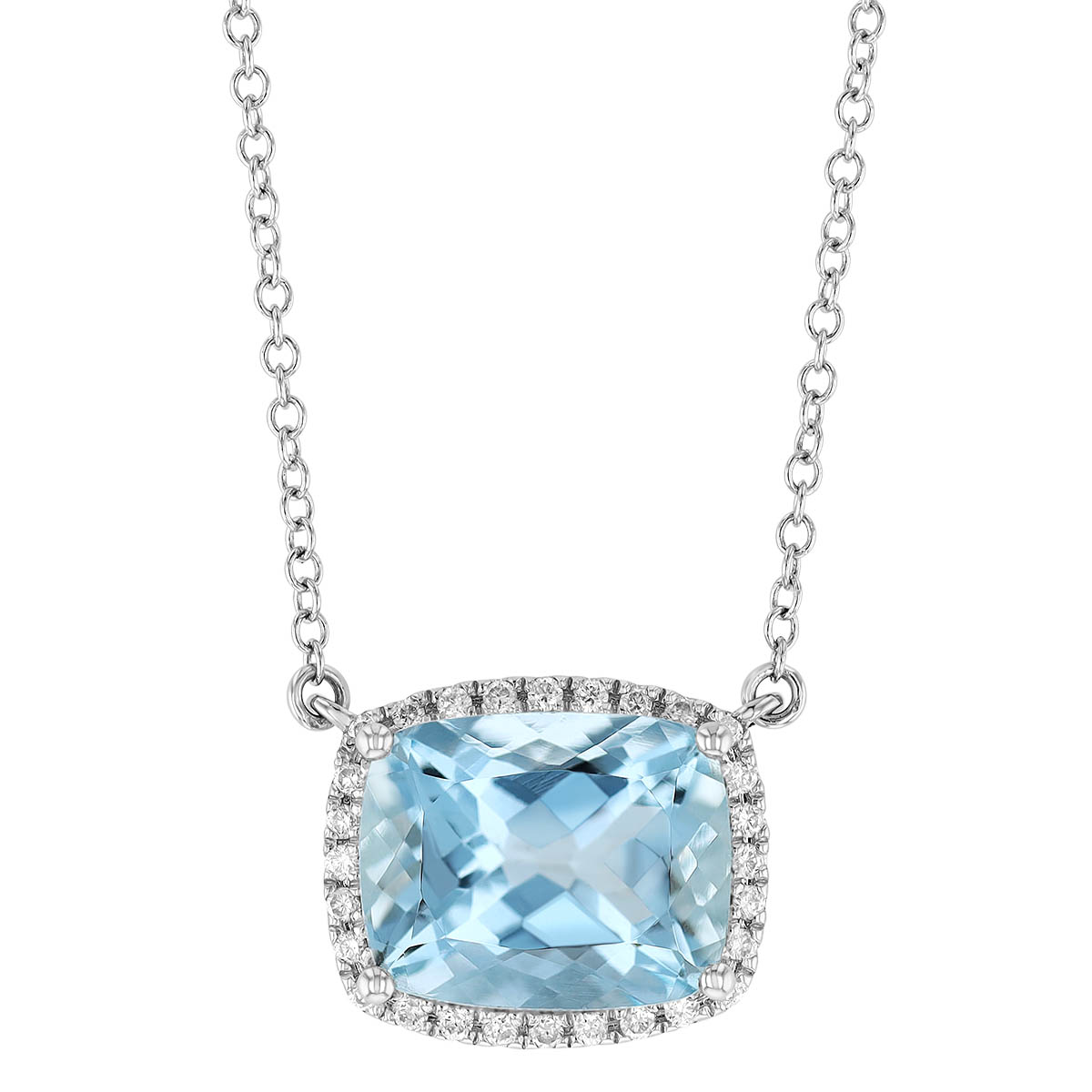 Cushion Cut Aquamarine & Diamond Halo Necklace in White Gold, 18