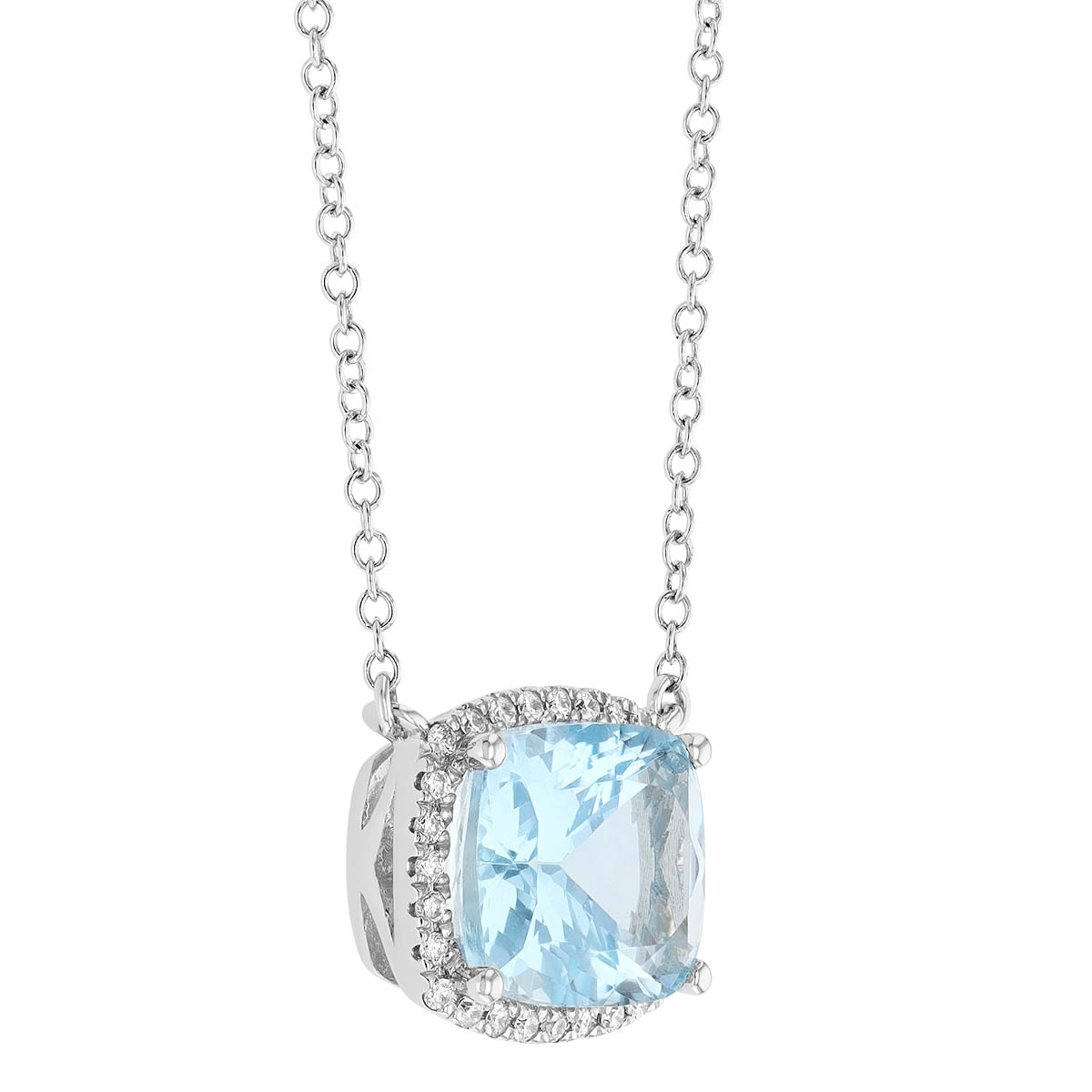 Cushion Cut Aquamarine & Diamond Halo Necklace in White Gold, 18