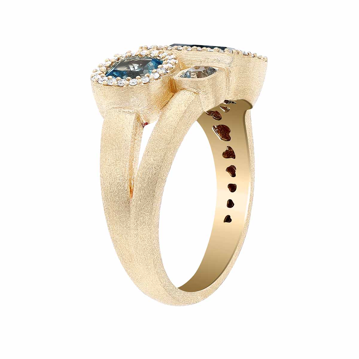 Cushion Blue Topaz & Diamond Halo 3 Stone Ring in Yellow Gold