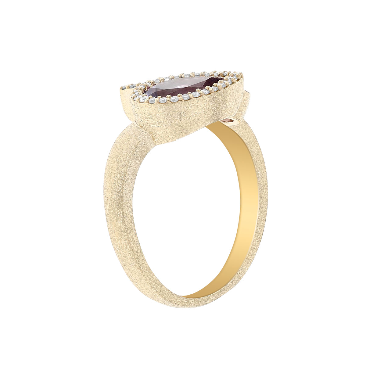 Pear Shaped Amethyst Trio & Diamond Halo Cluster Ring in Yellow Gold