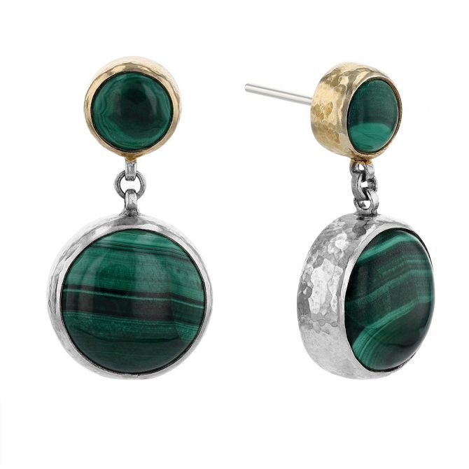 Gurhan Round Cabochon Malachite Drop Earrings in Sterling Silver & Yellow Tone