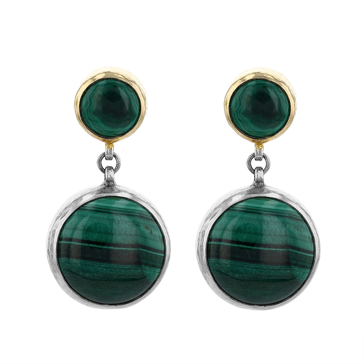 Gurhan Round Cabochon Malachite Drop Earrings in Sterling Silver & Yellow Tone