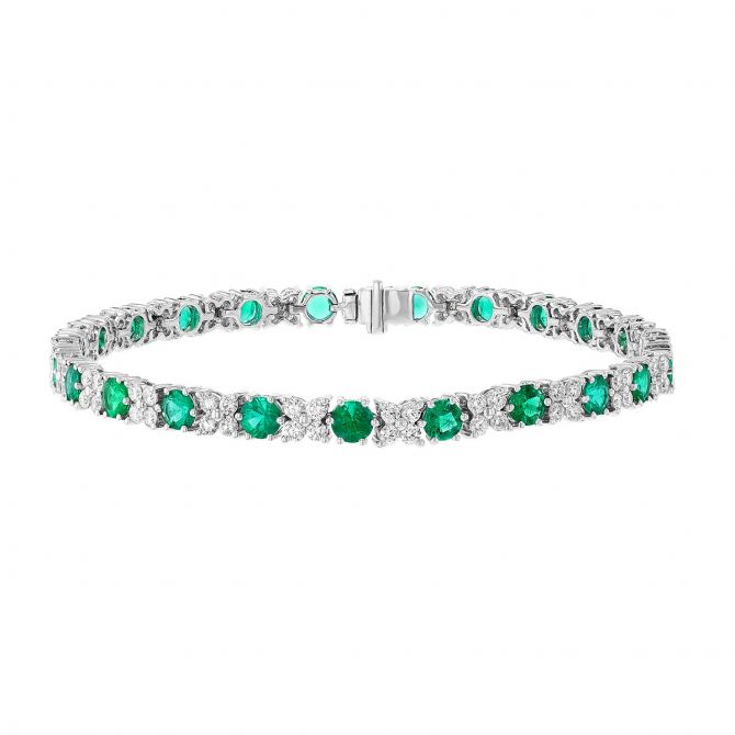 Emerald & Diamond Flower Tennis Bracelet in White Gold, 7"