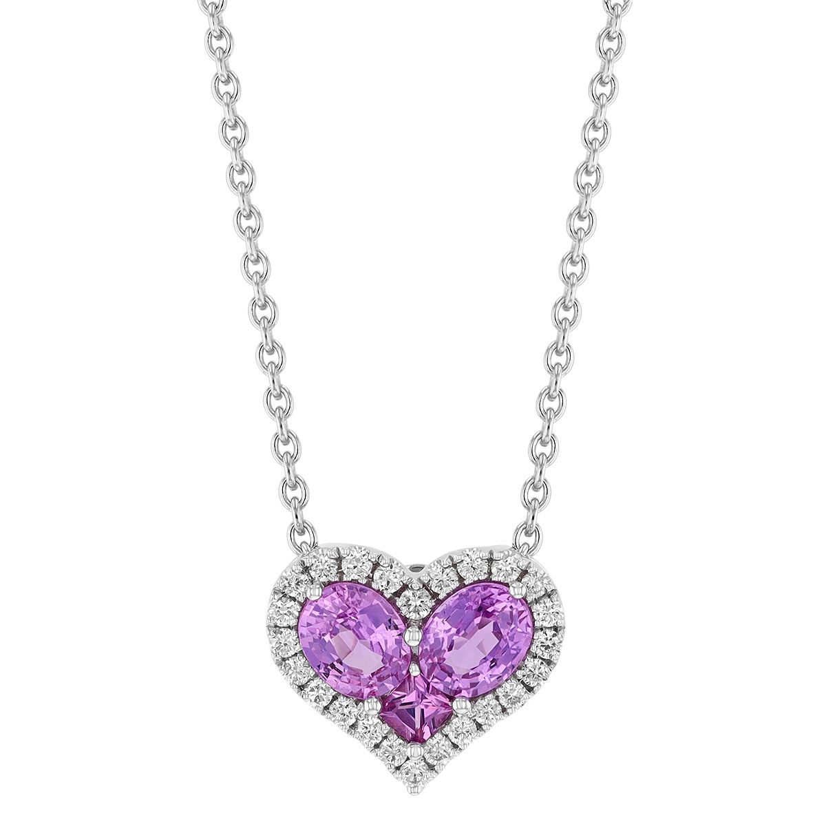 Pink Sapphire & Diamond Halo Heart Necklace in White Gold, 17