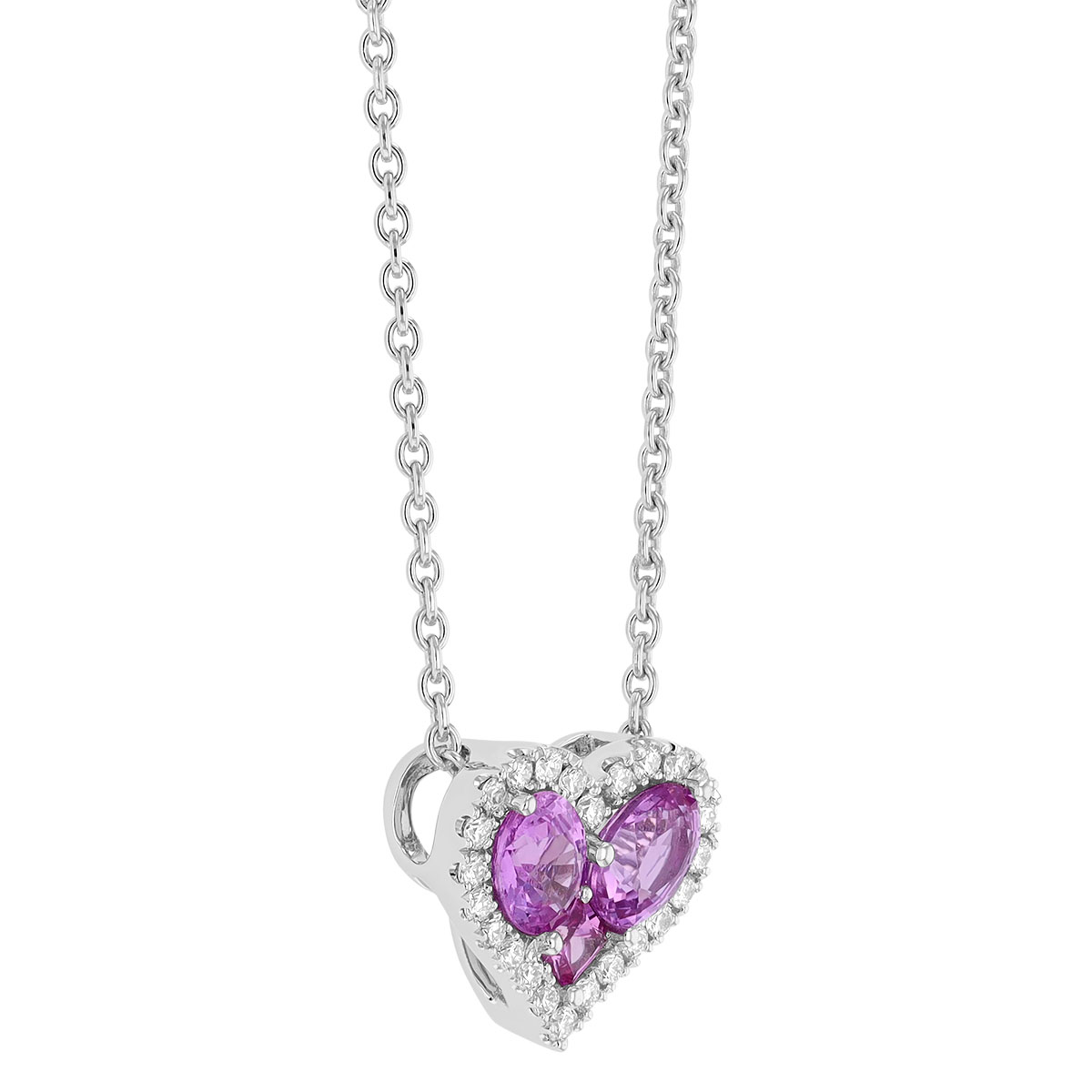 Pink Sapphire & Diamond Halo Heart Necklace in White Gold, 17