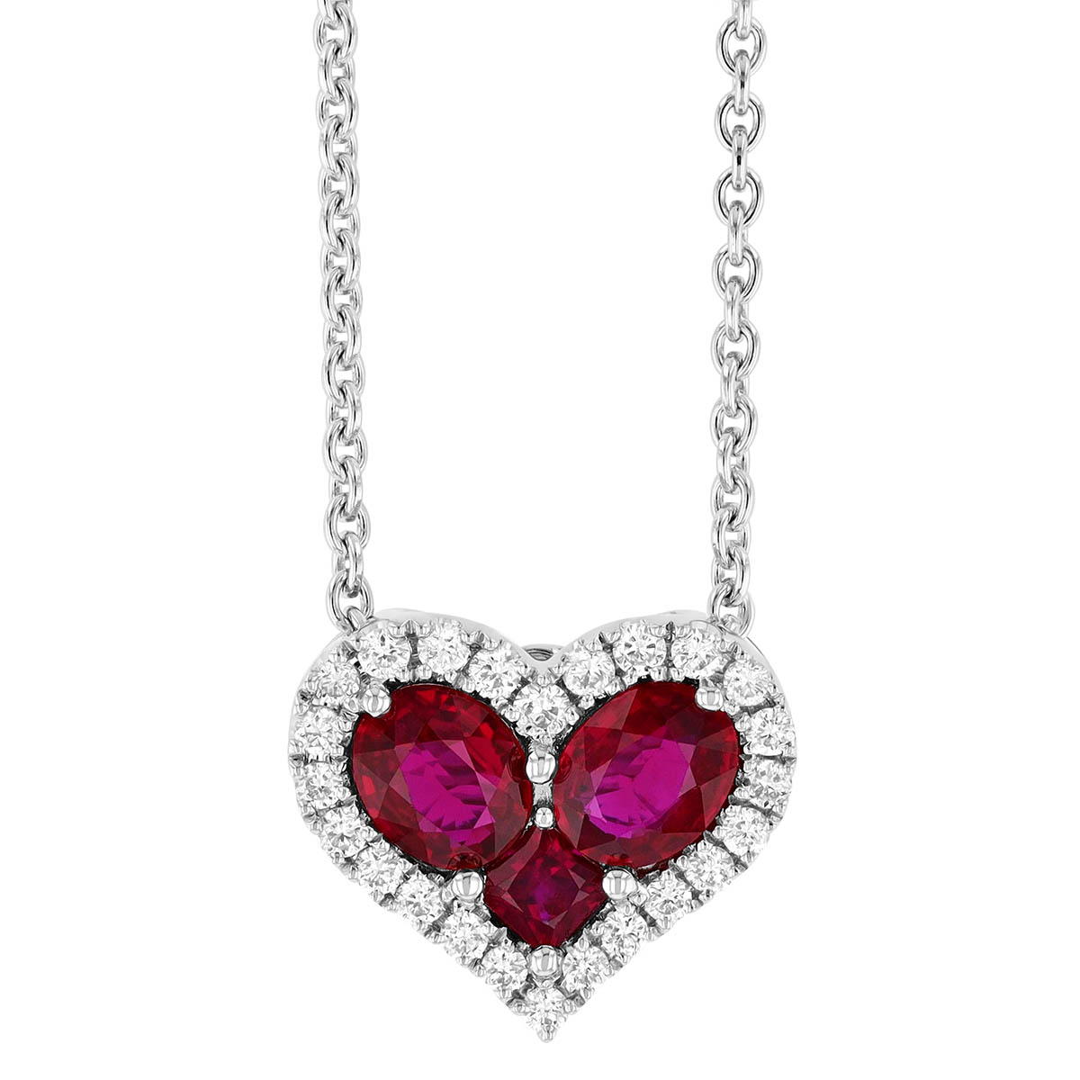 Oval & Round Ruby with Diamond Halo Heart Shaped Pendant in White Gold, 17